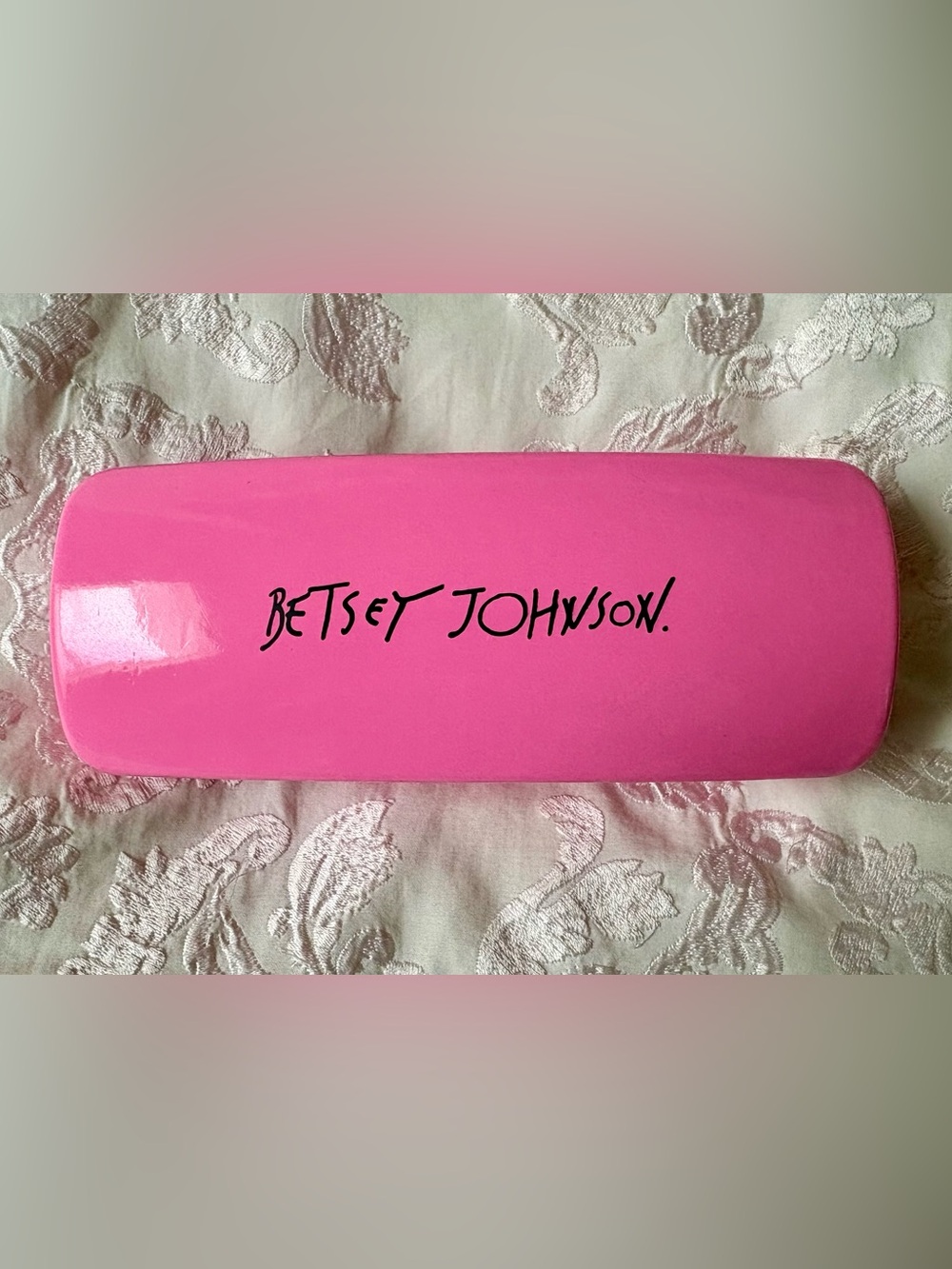 Betsey Johnson Hot Pink glasses case with classic black & white stipe inside!